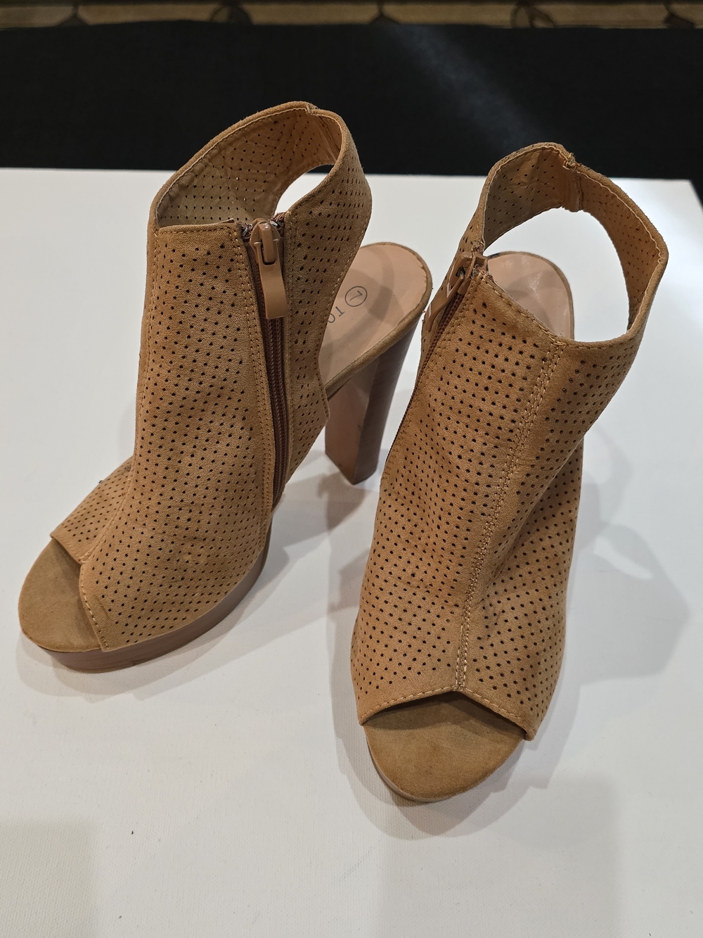 TOP Moda Tan Perforated Open-Toe Suede Heeled Sandals
